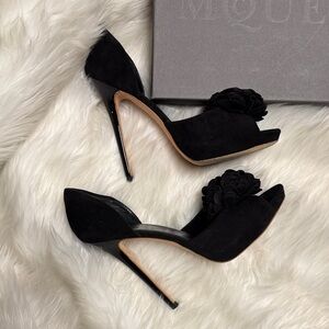 Alexander McQueen Velour Peep Toe Black Floral 5 inch Heels